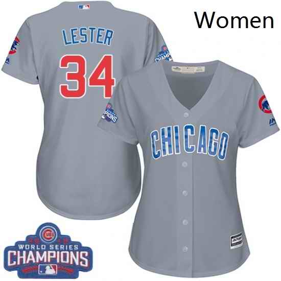 Womens Majestic Chicago Cubs 34 Jon Lester Authentic Grey Road 2016 World Series Champions Cool Base MLB Jersey